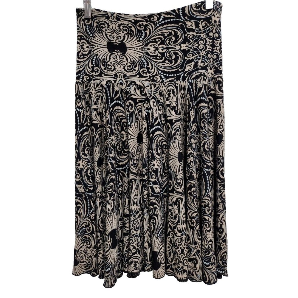 Karen Kane Womens Flare Midi Skirt Small Black Tan Floral Pull‎ On Casual Modest